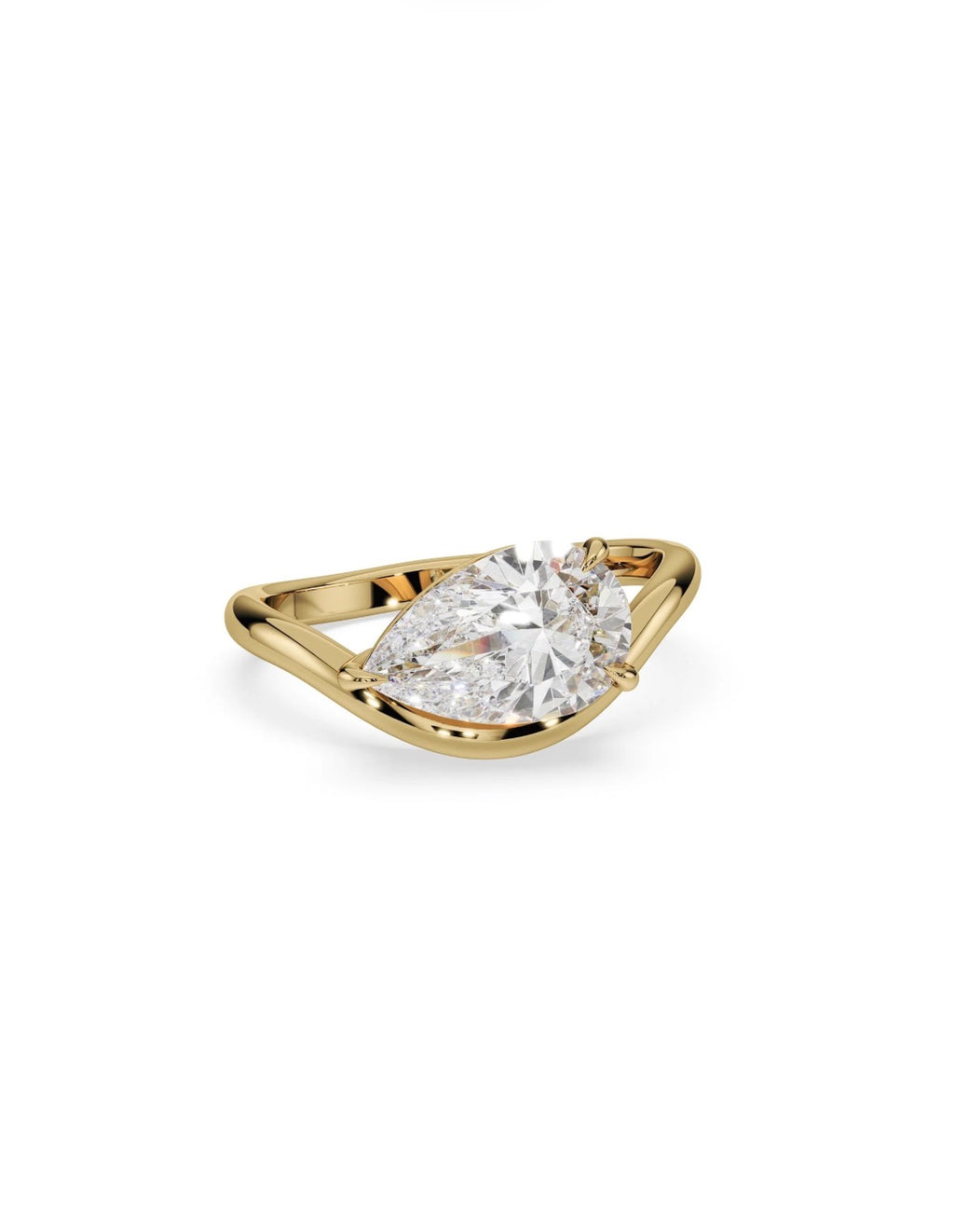SVAJ diamantring i 14 karat gulguld med 2,00 ct. pæreformet lab-grown diamant og asymmetrisk, organisk ringdesign.