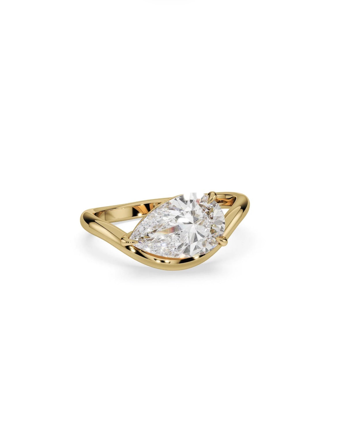 SVAJ diamantring i 14 karat gulguld med 2,00 ct. pæreformet lab-grown diamant og asymmetrisk, organisk ringdesign.